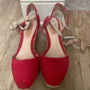 Schutz Red Closed Toe Espadrille with Beige Tie